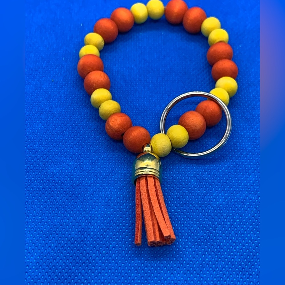 Hand Dyed Wood Bead Keychain Bracelet With Leather Tassel
